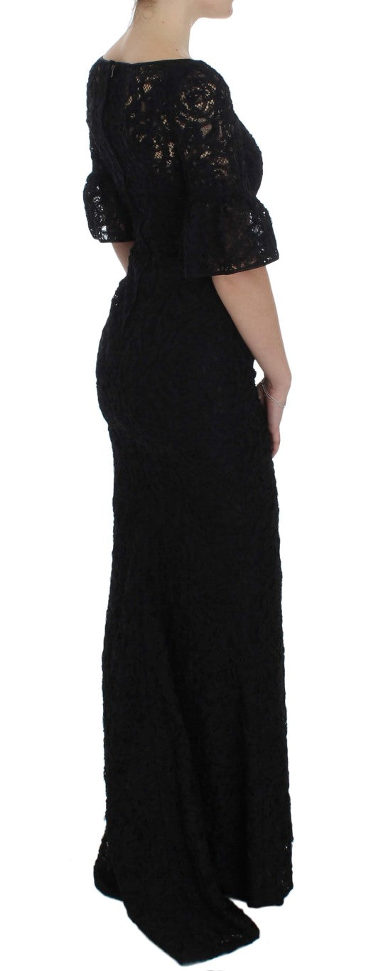 Robe longue moulante noire à fleurs en dentelle Dolce & Gabbana, style bodycon maxi, élégante et sophistiquée.