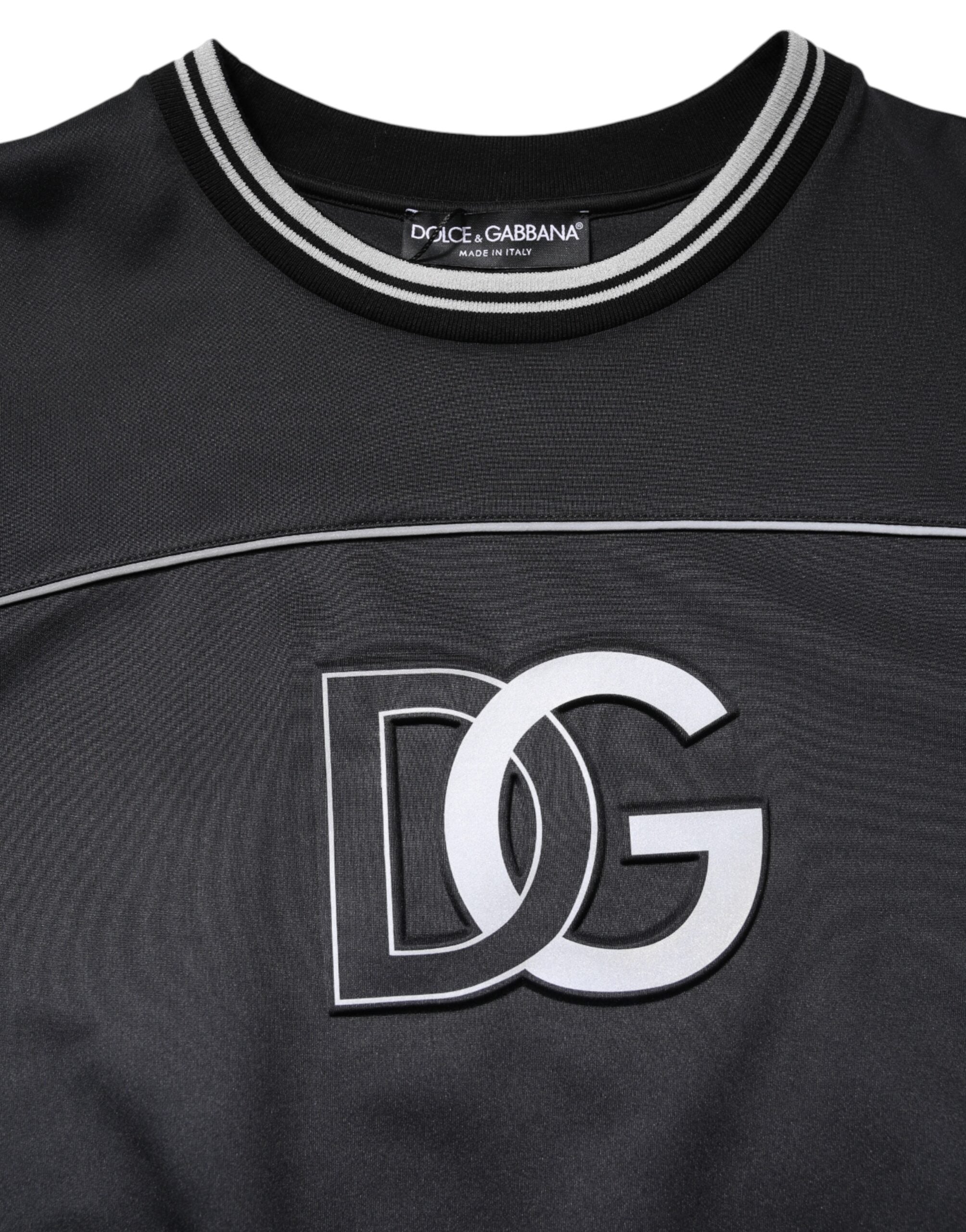 Pull en polyester noir Dolce & Gabbana avec logo, col rond, pour homme, visible en détail dans l'image.