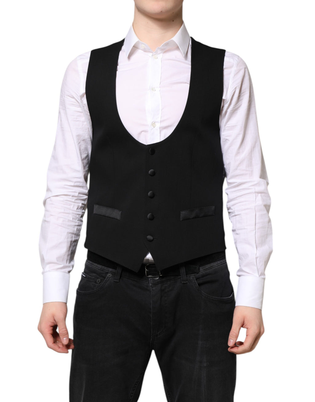 Robe-jupe de costume en laine noire de Dolce & Gabbana, veste formelle ajustée avec détails élégants.