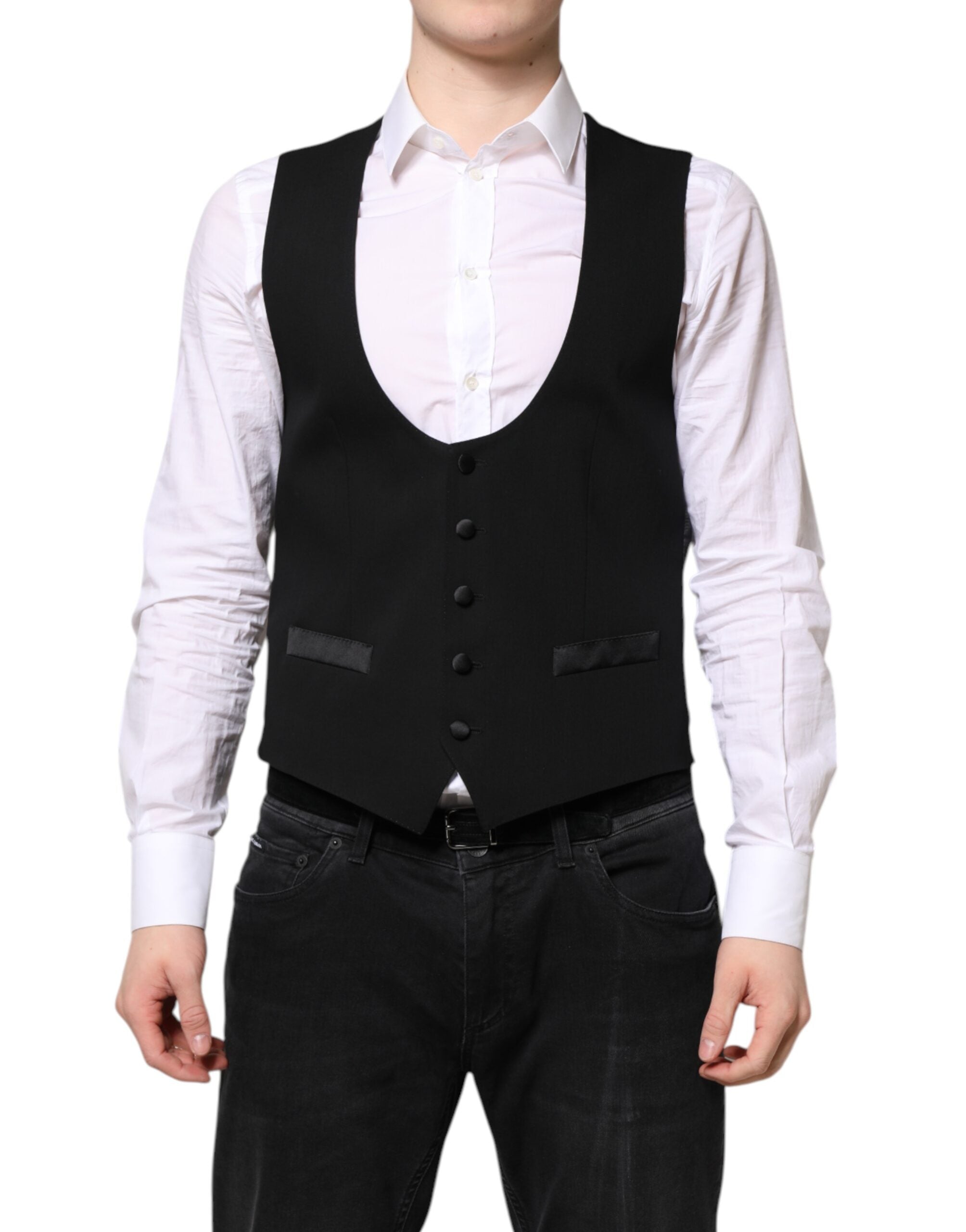 Robe-jupe de costume en laine noire de Dolce & Gabbana, veste formelle ajustée avec détails élégants.
