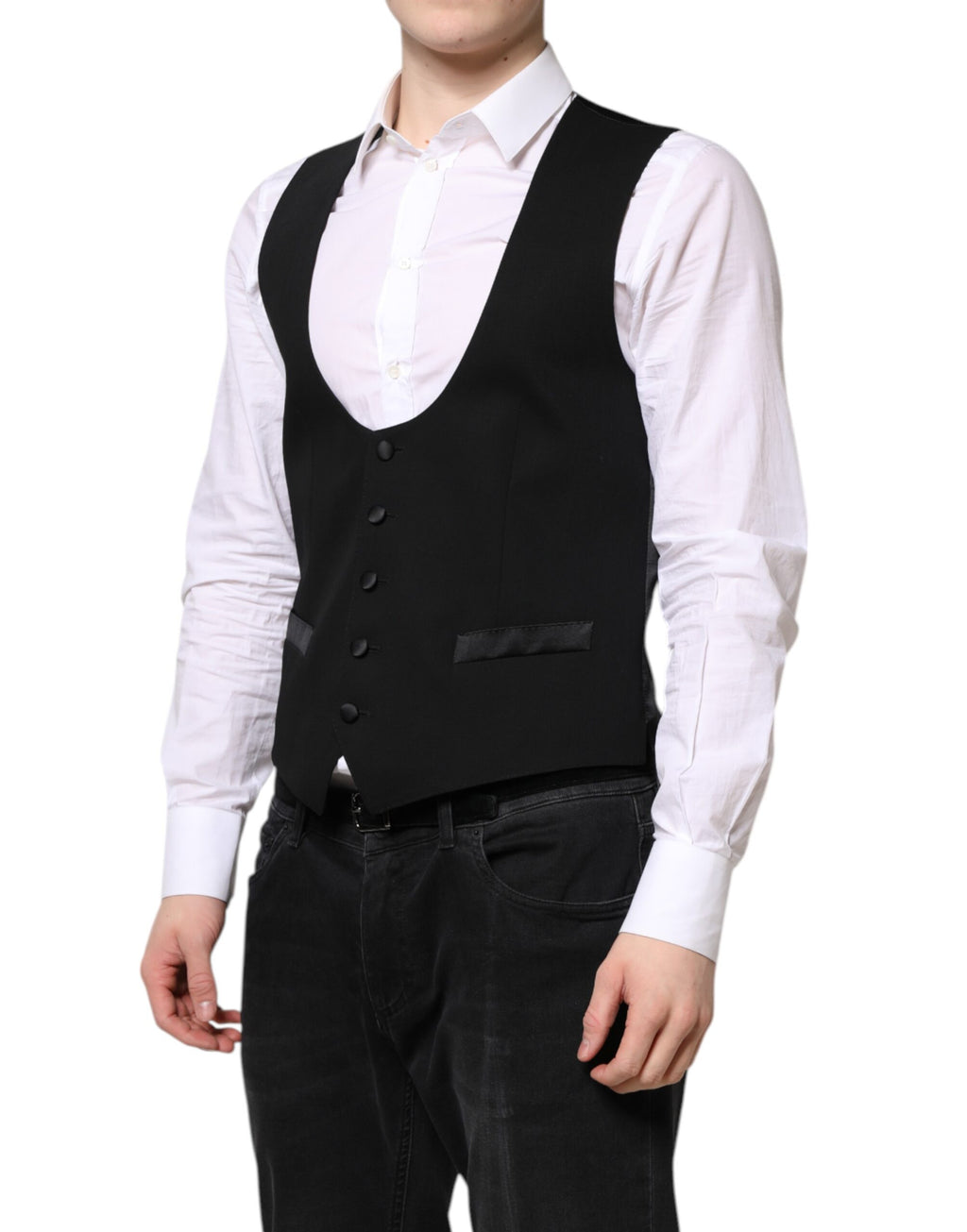 Gilet formel en laine noire Dolce & Gabbana, robe veste élégante pour occasions spéciales, détails sophistiqués.
