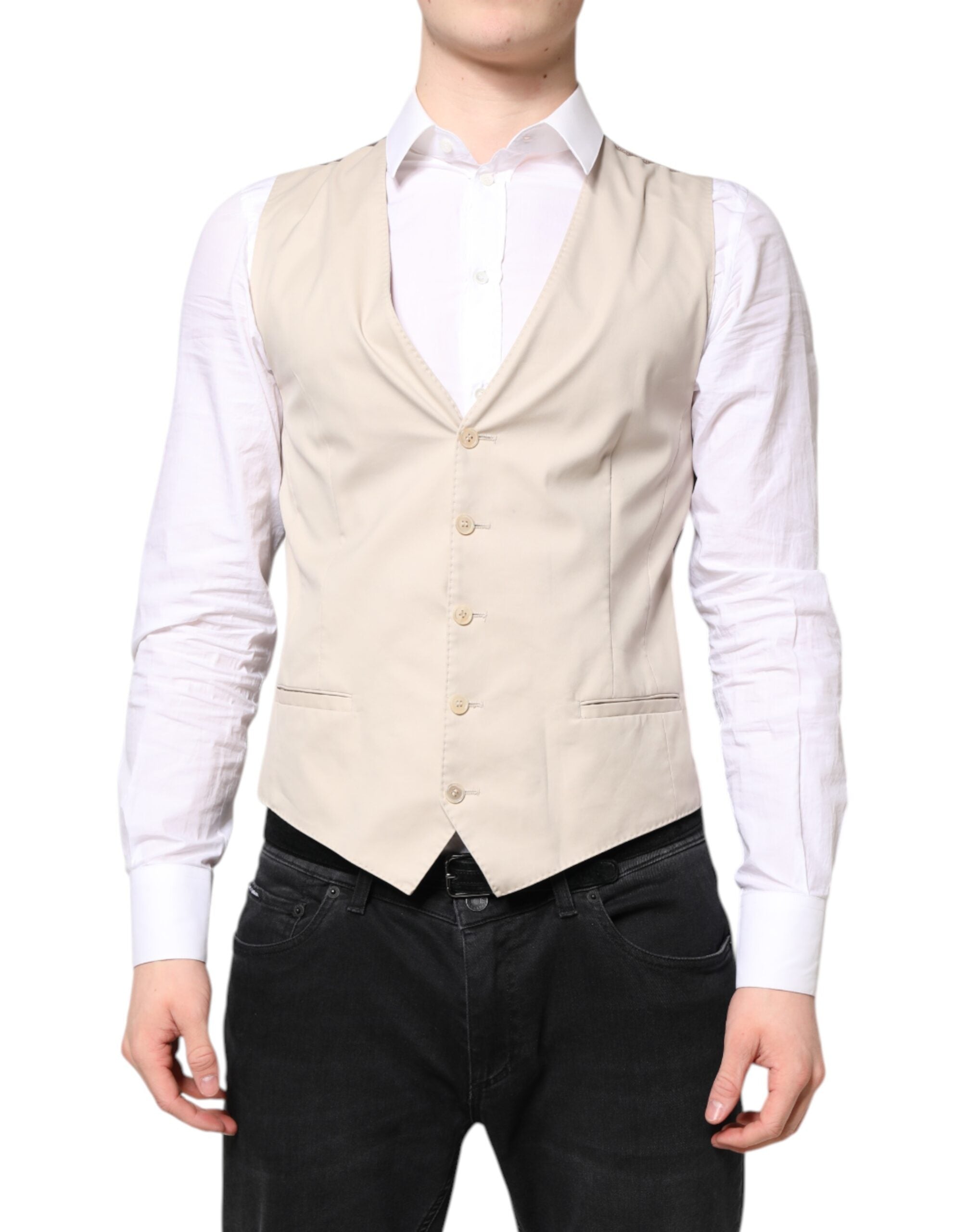 Gilet homme Dolce & Gabbana beige et gris, costume formel, veste cintrée, détail élégant pour tenue sophistiquée