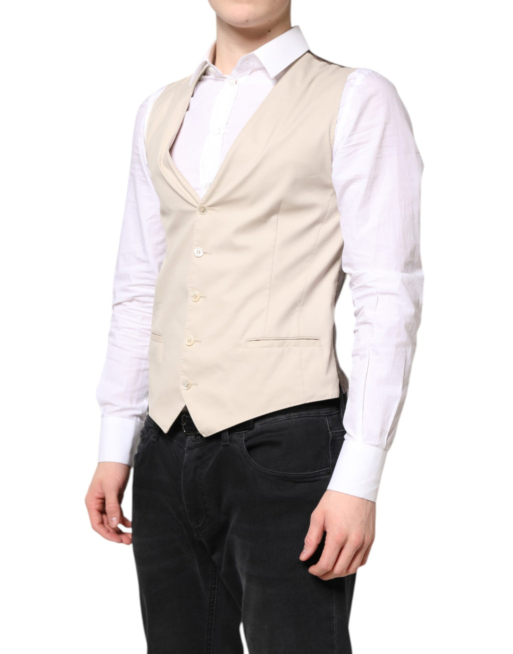 Gilet homme beige et gris de costume formel Dolce & Gabbana, veste cintrée élégante pour occasion spéciale.