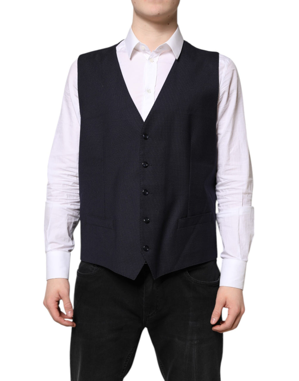 Robe-veste noire en laine Dolce & Gabbana, vêtement formel élégant avec coupe ajustée et détails raffinés.