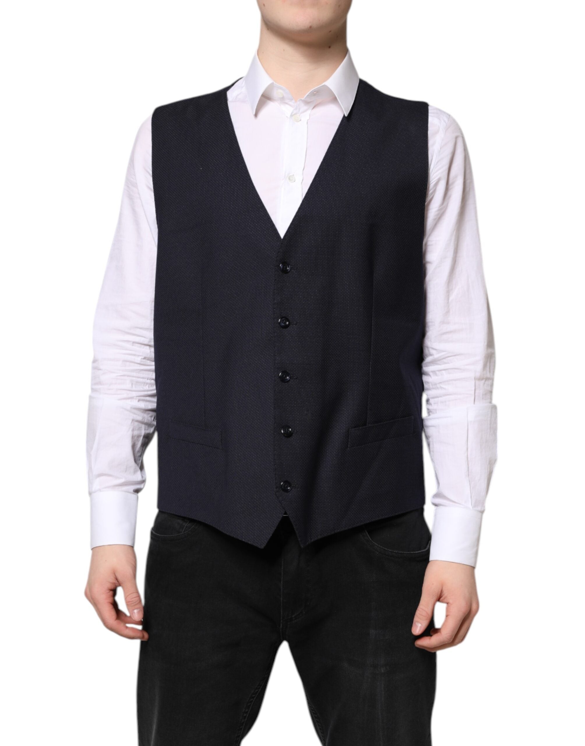 Robe-jupe en laine noire Dolce & Gabbana, veste formelle élégante avec décolleté et détails sophistiqués, portée comme un vêtement chic.