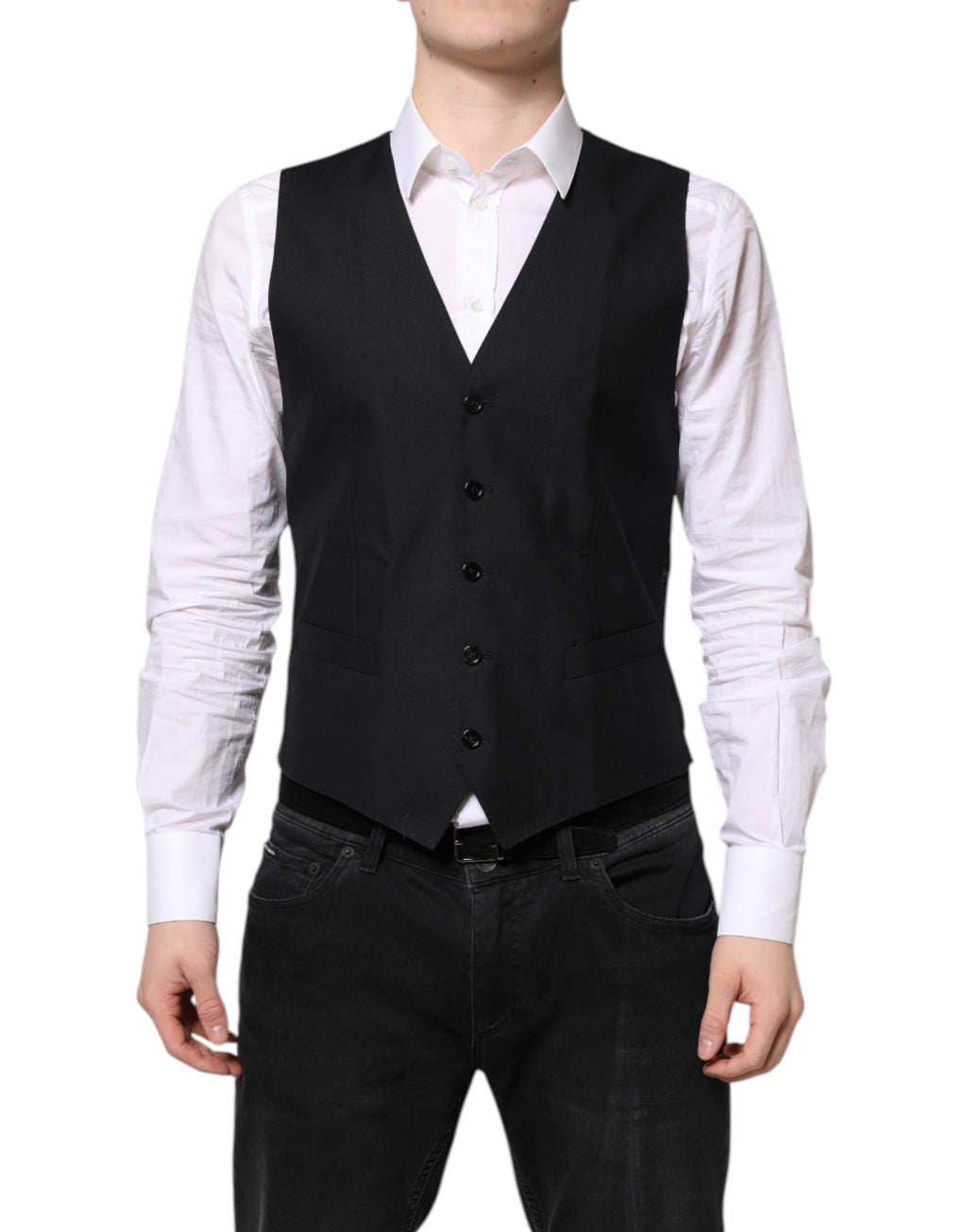 Robe sans manches en laine noire Dolce & Gabbana, robe habillée formelle avec veste cintrée élégante.