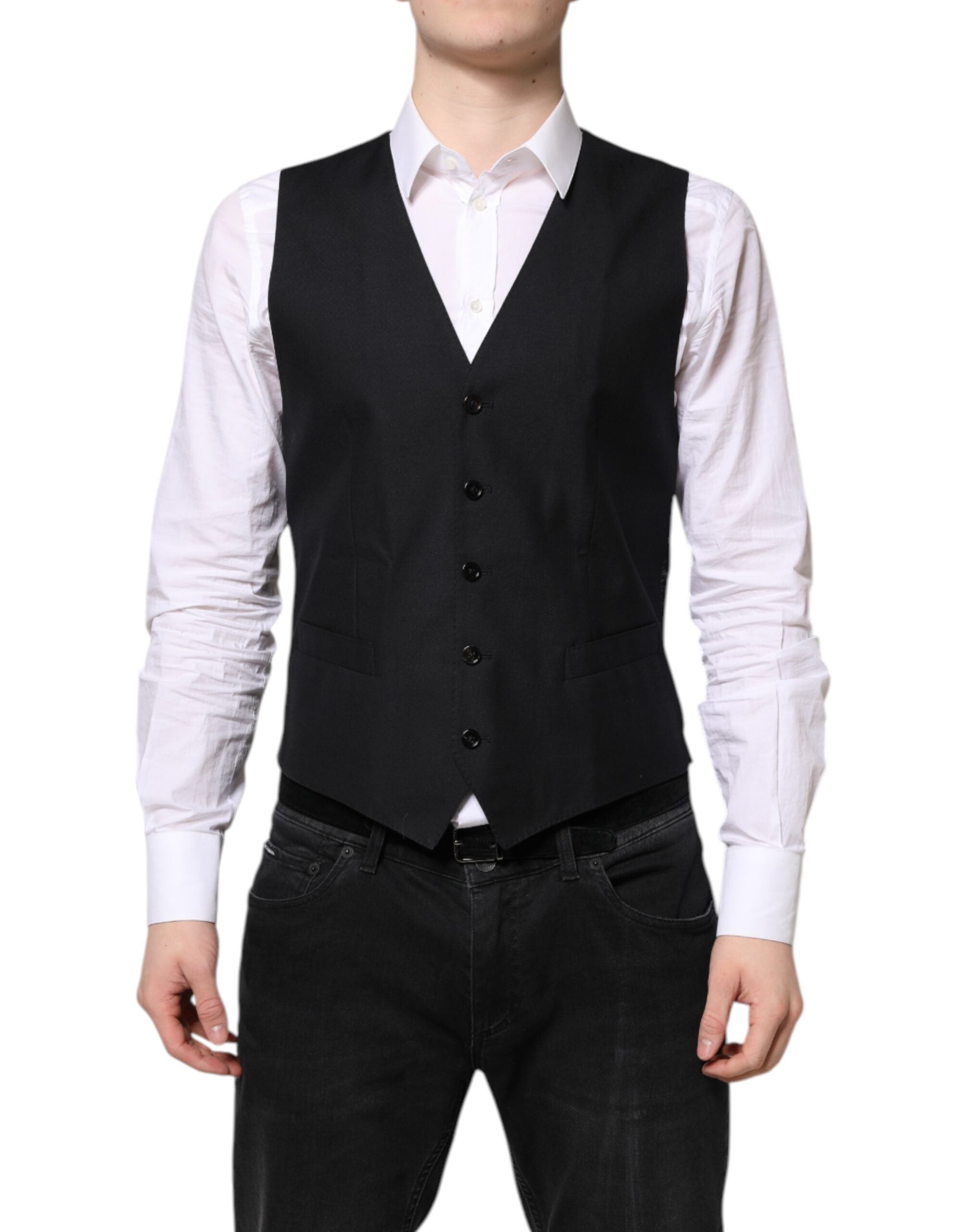 Robe-veste en laine noire Dolce & Gabbana, costume formel élégante avec coupe ajustée et détails sophistiqués.