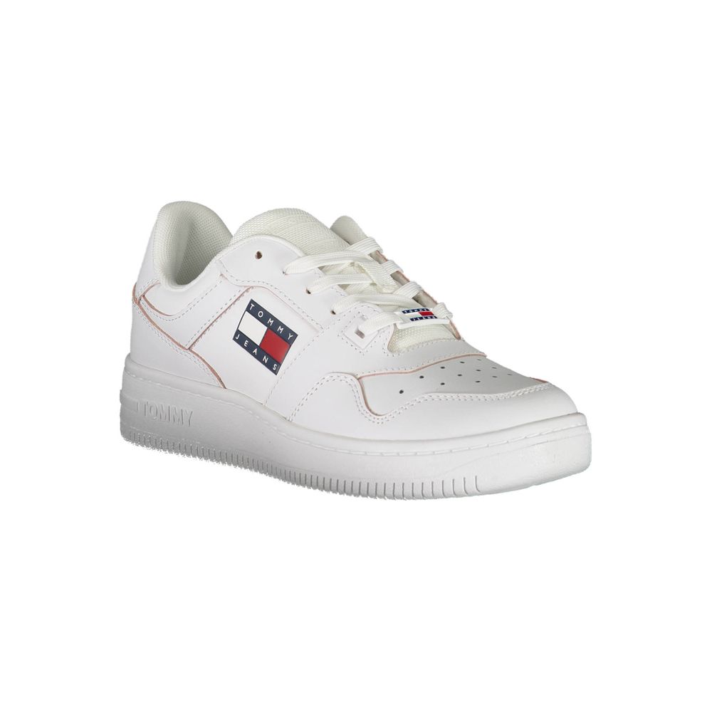 Chaussures femme Tommy Hilfiger Bianco en cuir blanc, baskets élégantes avec semelle blanche, look décontracté et tendance