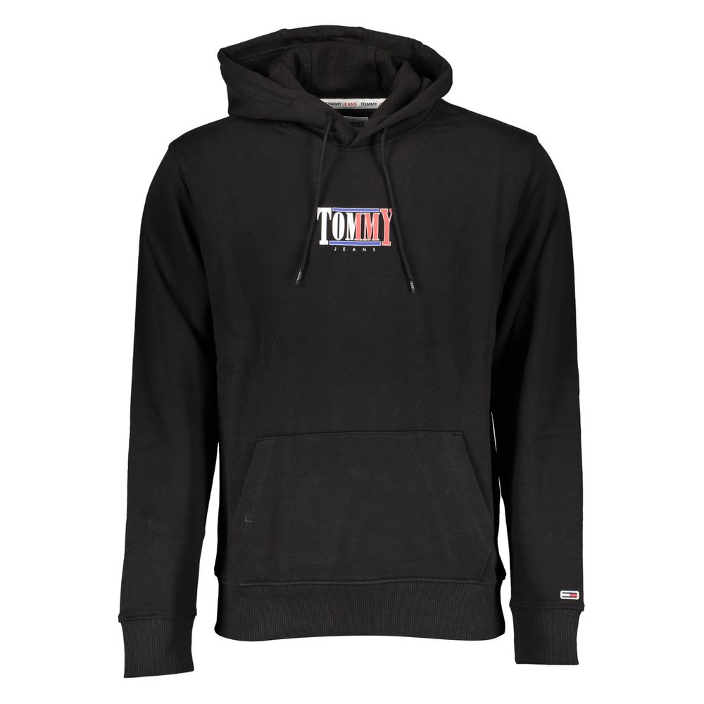 Sweatshirt homme en coton noir Tommy Hilfiger, col rond, logo sur la poitrine, tissu confortable, style décontracté.