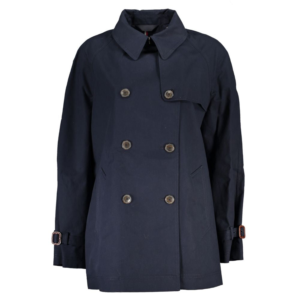 Manteau trench en coton bleu pour femme de la marque Tommy Hilfiger, avec ceinture et col classique.