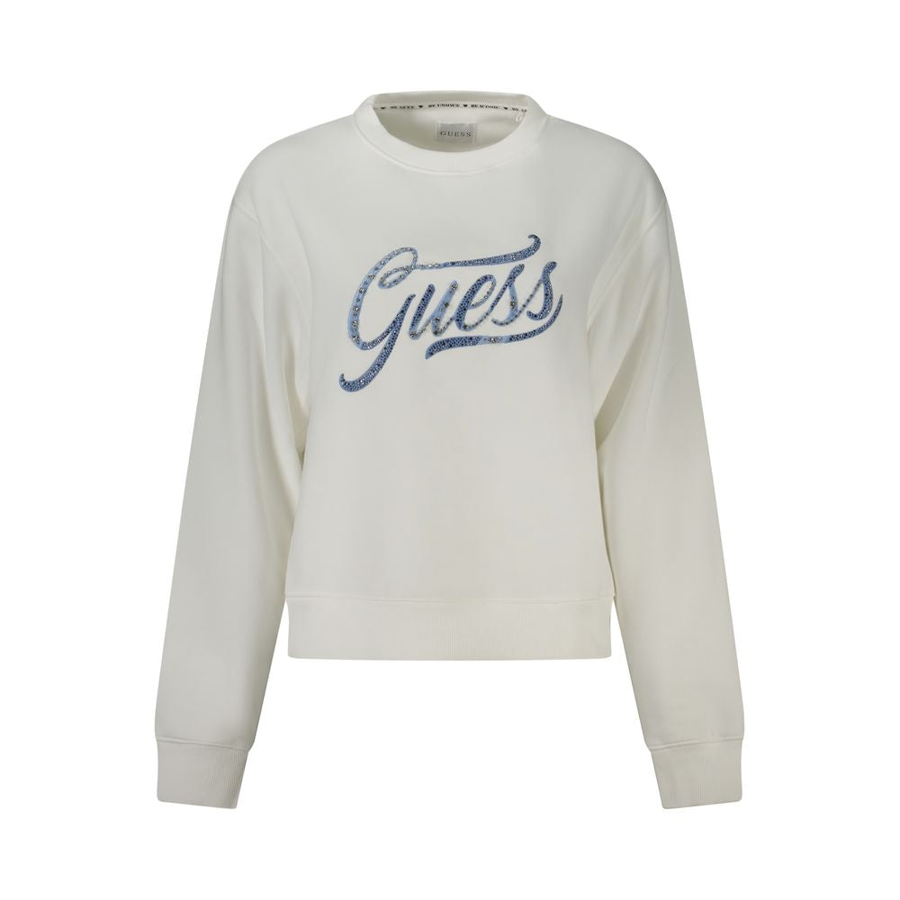 Pull en coton blanc Guess Jeans pour femmes, sweater élégant avec col rond et manches longues, porté sur mannequin.
