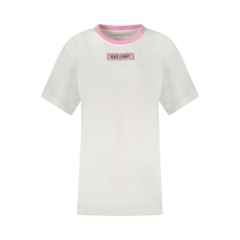T-shirt blanc pour femmes Guess Jeans en coton, coupe décontractée et logo Guess visible sur le devant.