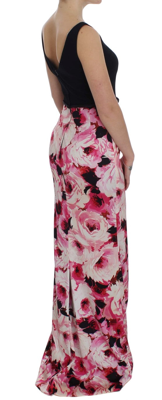 Robe longue moulante Dolce & Gabbana à fleurs roses, impression florale élégante et design sophistiqué.