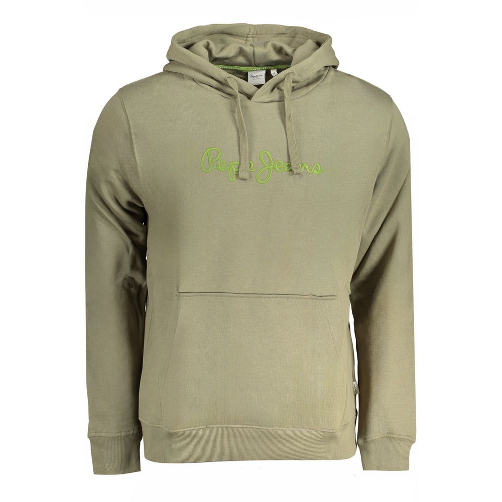 Sweat à capuche homme Pepe Jeans en coton biologique vert, porté, avec logo visible sur la poitrine.