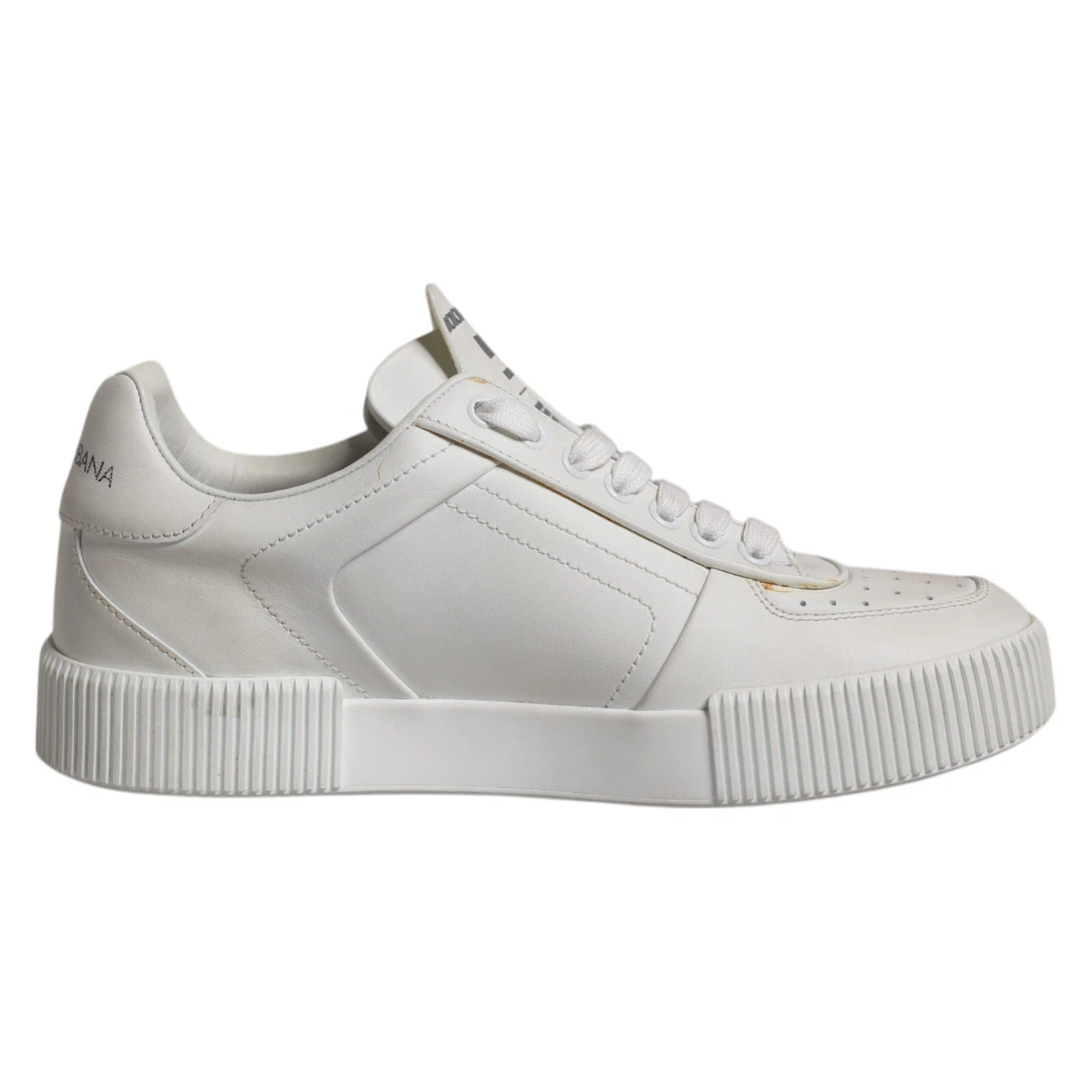 Chaussures sneakers basses en cuir blanc Dolce & Gabbana Miami, design élégant et sporty, vue de face sur fond neutre.