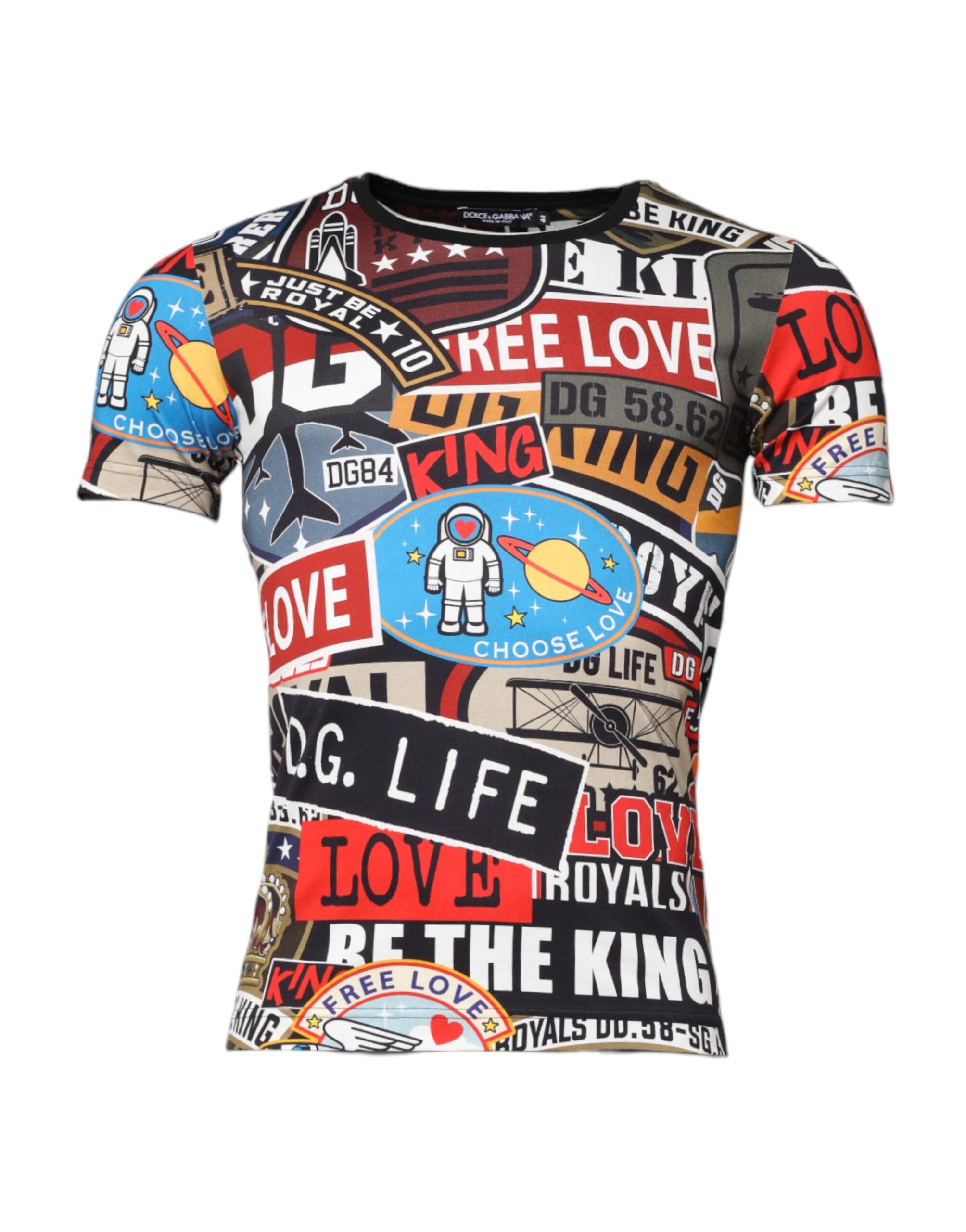 T-shirt en coton à col rond Dolce & Gabbana, patchwork multicolore avec motif coloré, style décontracté.