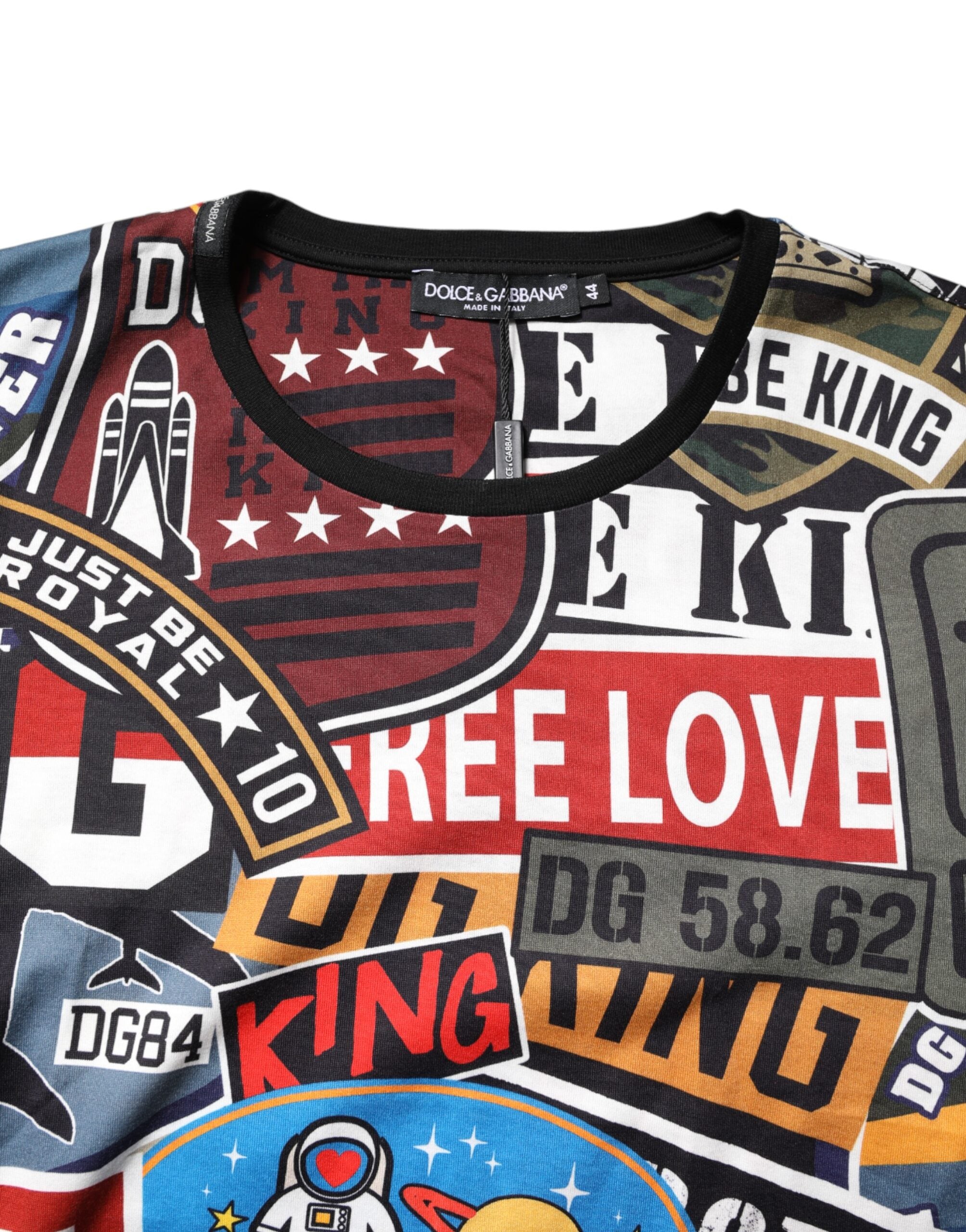 T-shirt en coton à col rond Dolce & Gabbana, patchwork multicolore avec motifs colorés et détails de couture élégants.