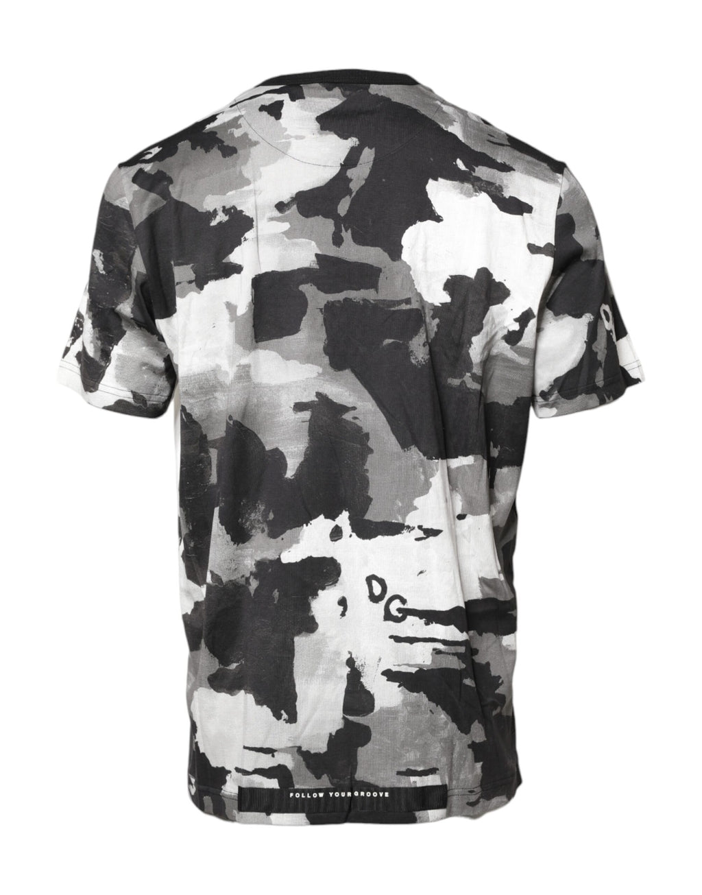 T-shirt à col rond Dolce & Gabbana multicolore avec motif camouflage, en coton, porté sur un mannequin.