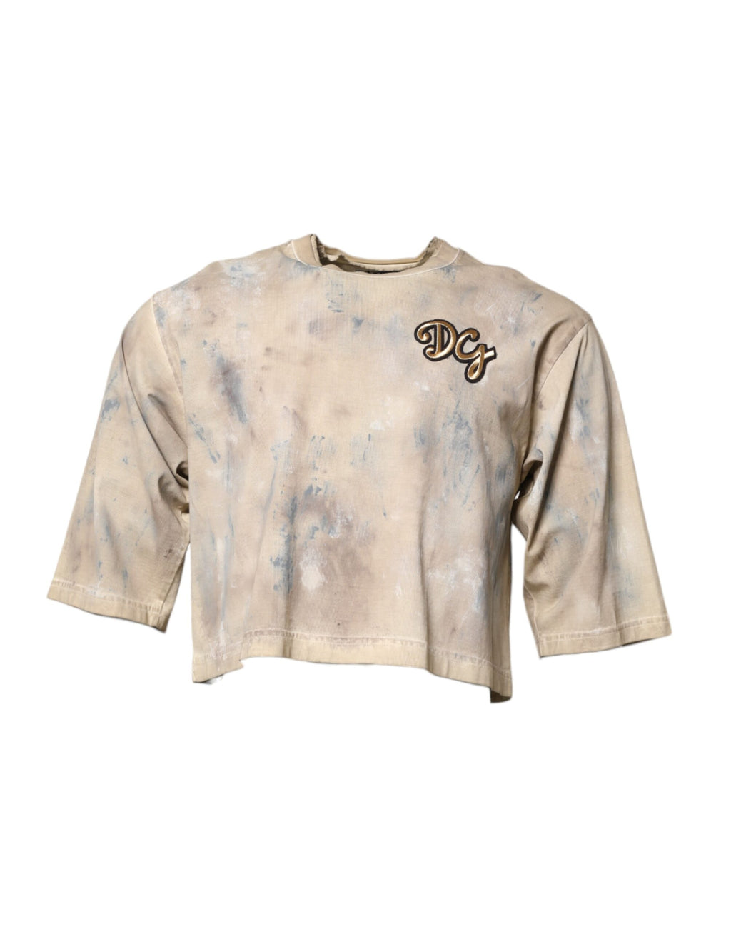 T-shirt courte beige à tie-dye et broderie DG de Dolce & Gabbana, motif coloré, en coton, près du col.