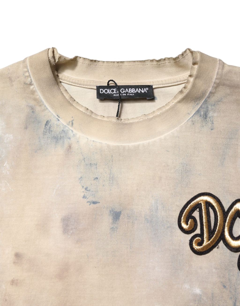 T-shirt courte beige à tie-dye et broderie DG de Dolce & Gabbana, style décontracté et tendance.