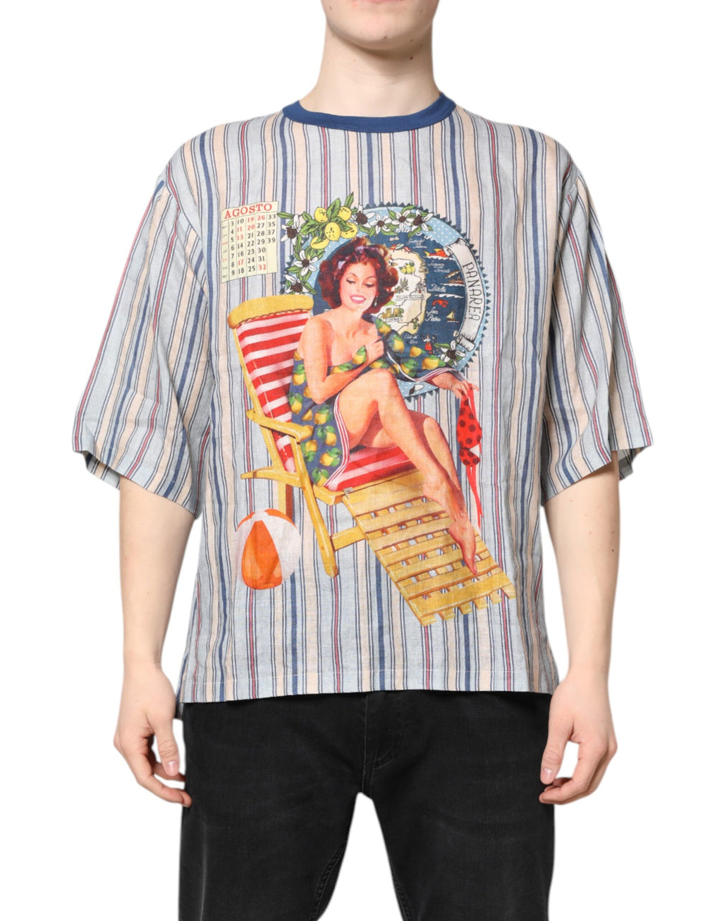 T-shirt rond en lin à rayures multicolores Dolce & Gabbana, style pin-up, tissu léger et confortable.