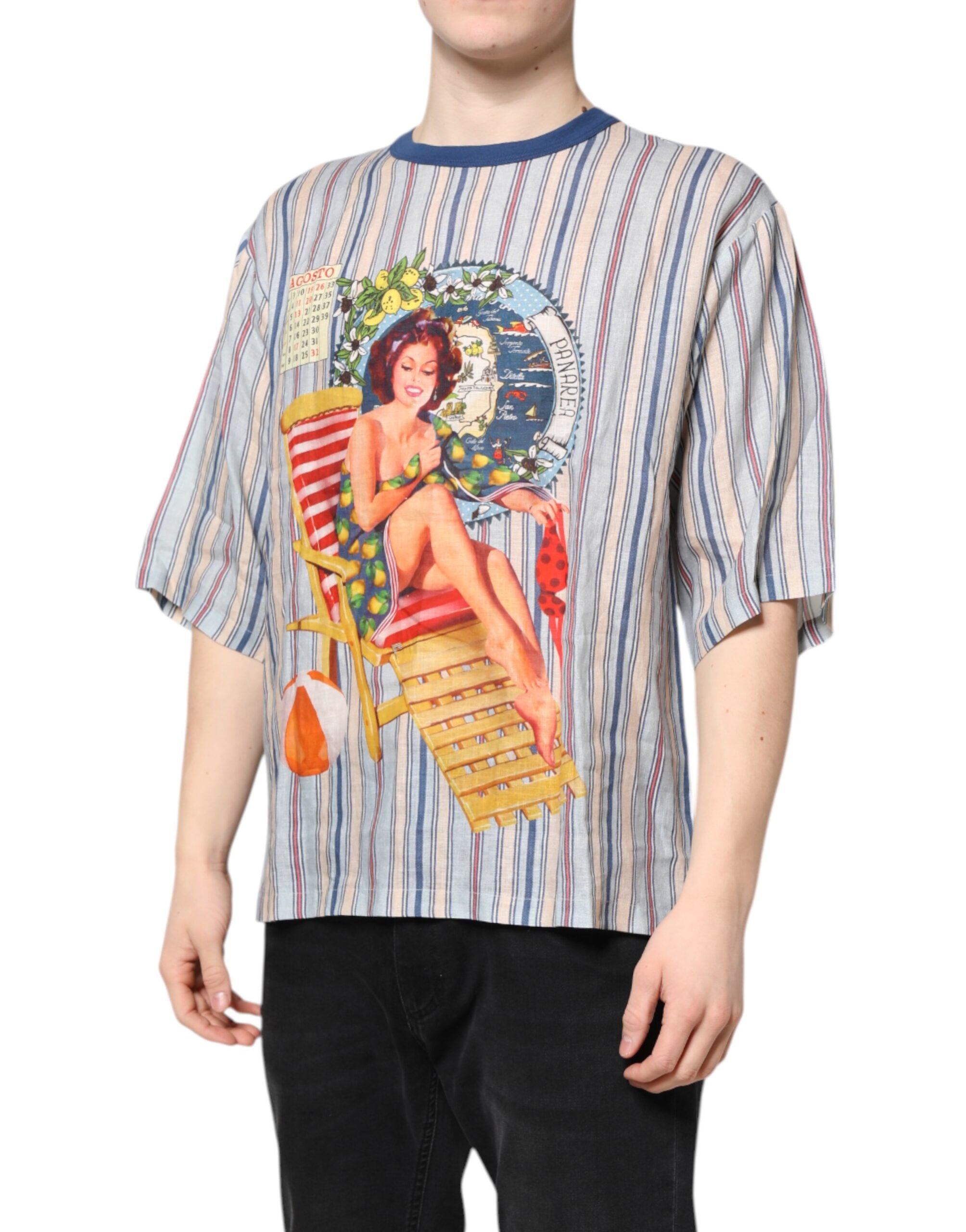 T-shirt rond en lin Dolce & Gabbana à rayures multicolores et style pin-up.