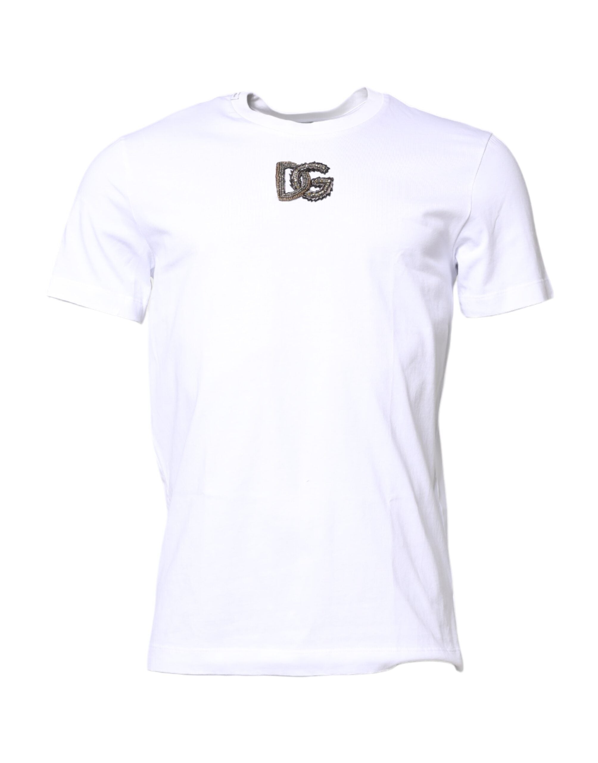 T-shirt blanc en coton avec broderie DG de Dolce & Gabbana, col rond, style décontracté, visible sur le mannequin.