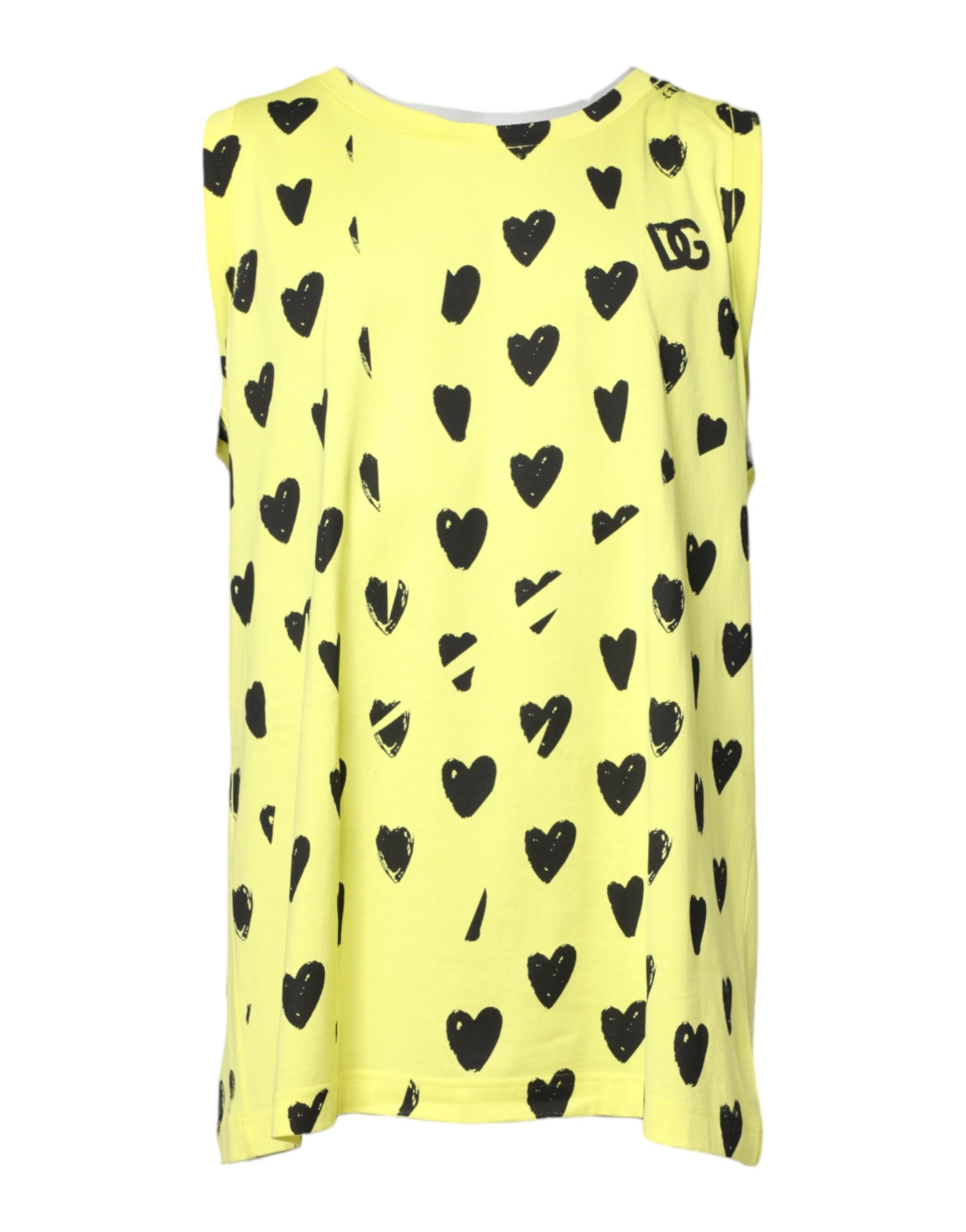 T-shirt sans manches en coton jaune Dolce & Gabbana avec cœur DG, visible sur le modèle.