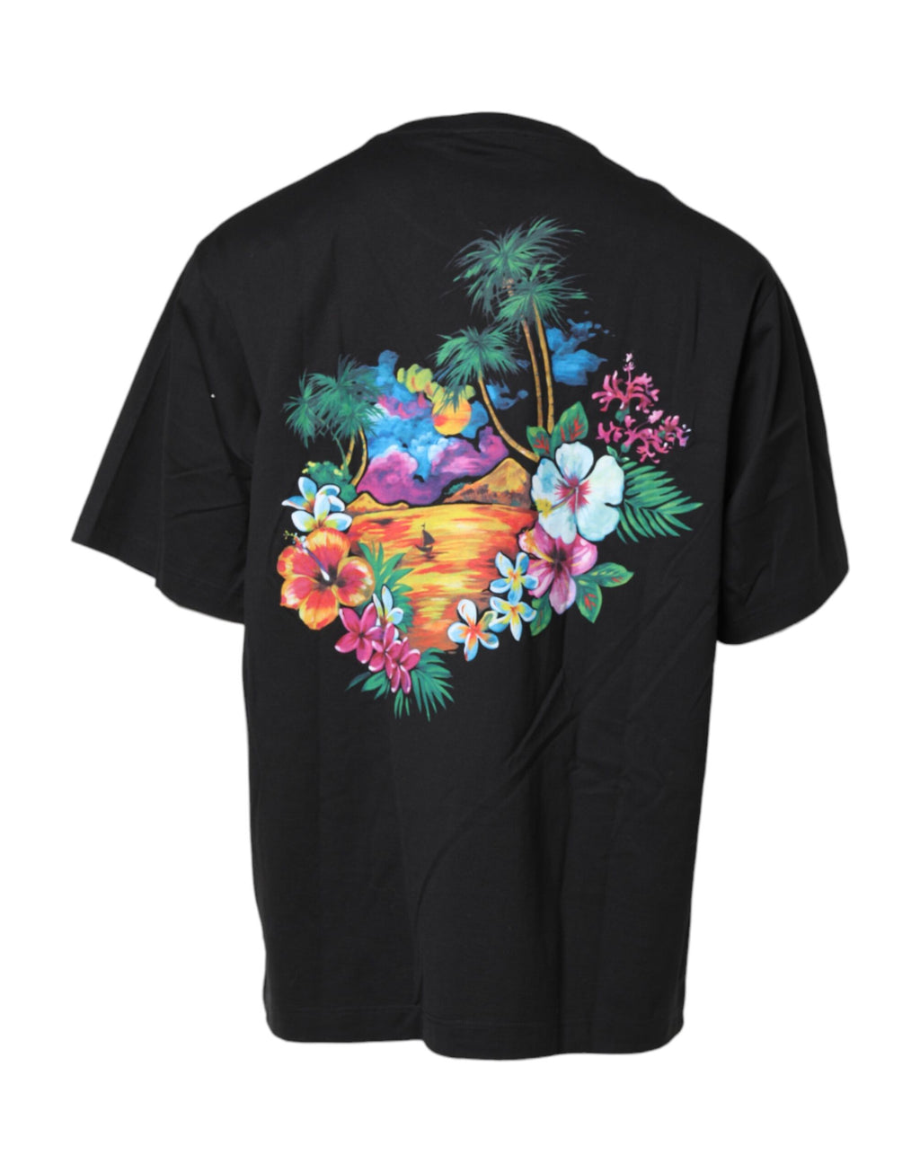 T-shirt à manches courtes Dolce & Gabbana noir avec imprimé floral DG et col rond, tissu léger et confortable.