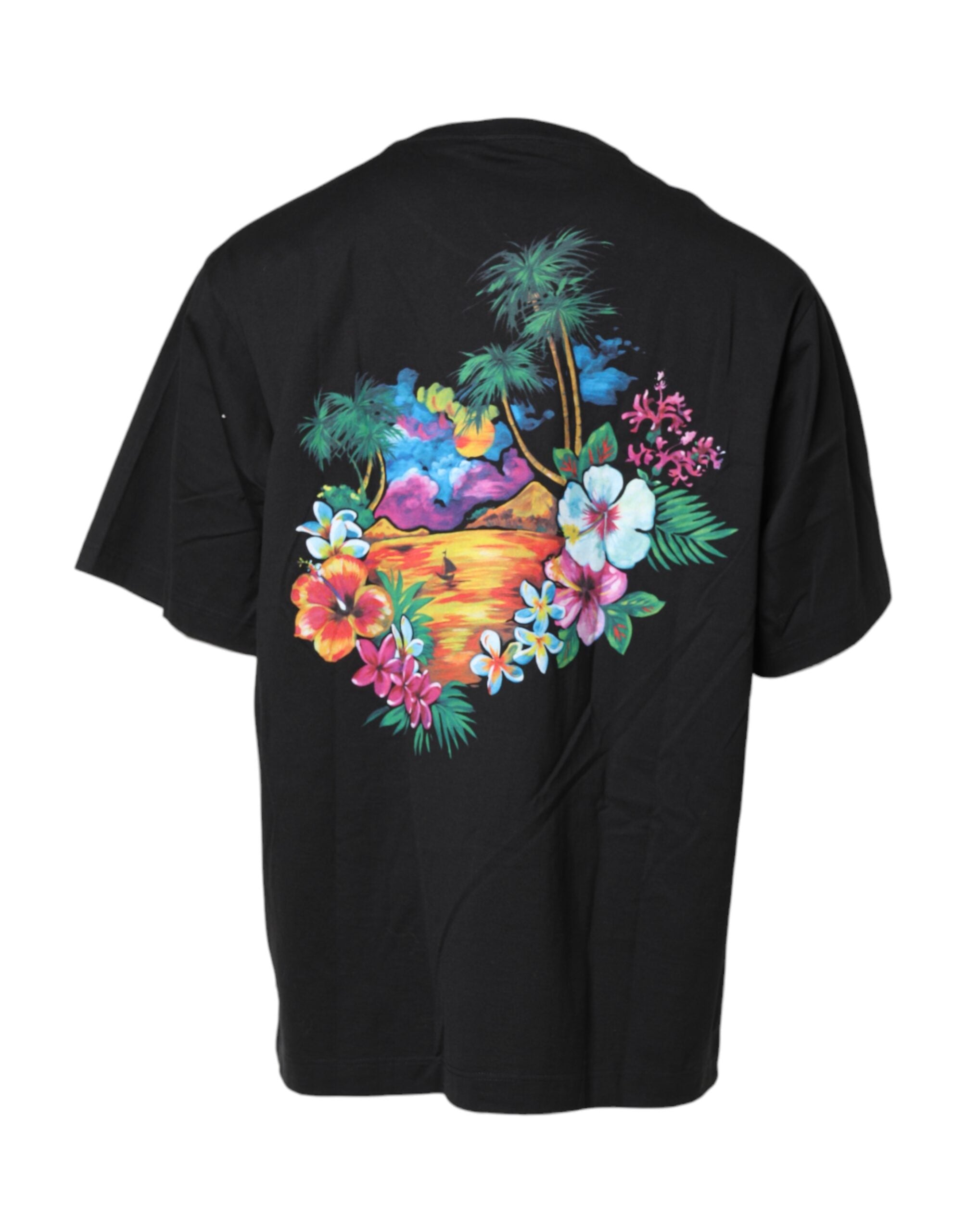 T-shirt à manches courtes Dolce & Gabbana noir avec imprimé floral DG et col rond, tissu léger et confortable.