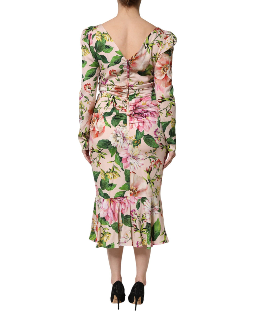 Robe midi en soie rose à fleurs Dolce & Gabbana, coupe ajustée et évasée, détails floraux élégants.