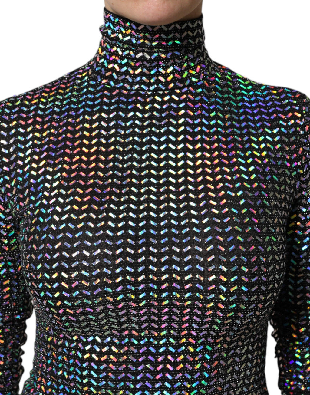 Robe courte en nylon noir embellie de Dolce & Gabbana, style bodycon avec détails brillants et sophistiqués.