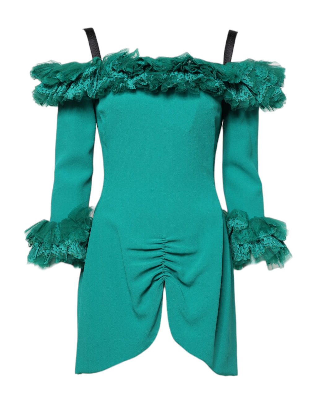 Robe courte en dentelle verte Dolce & Gabbana, robe moulante et décolletée en épaules.
