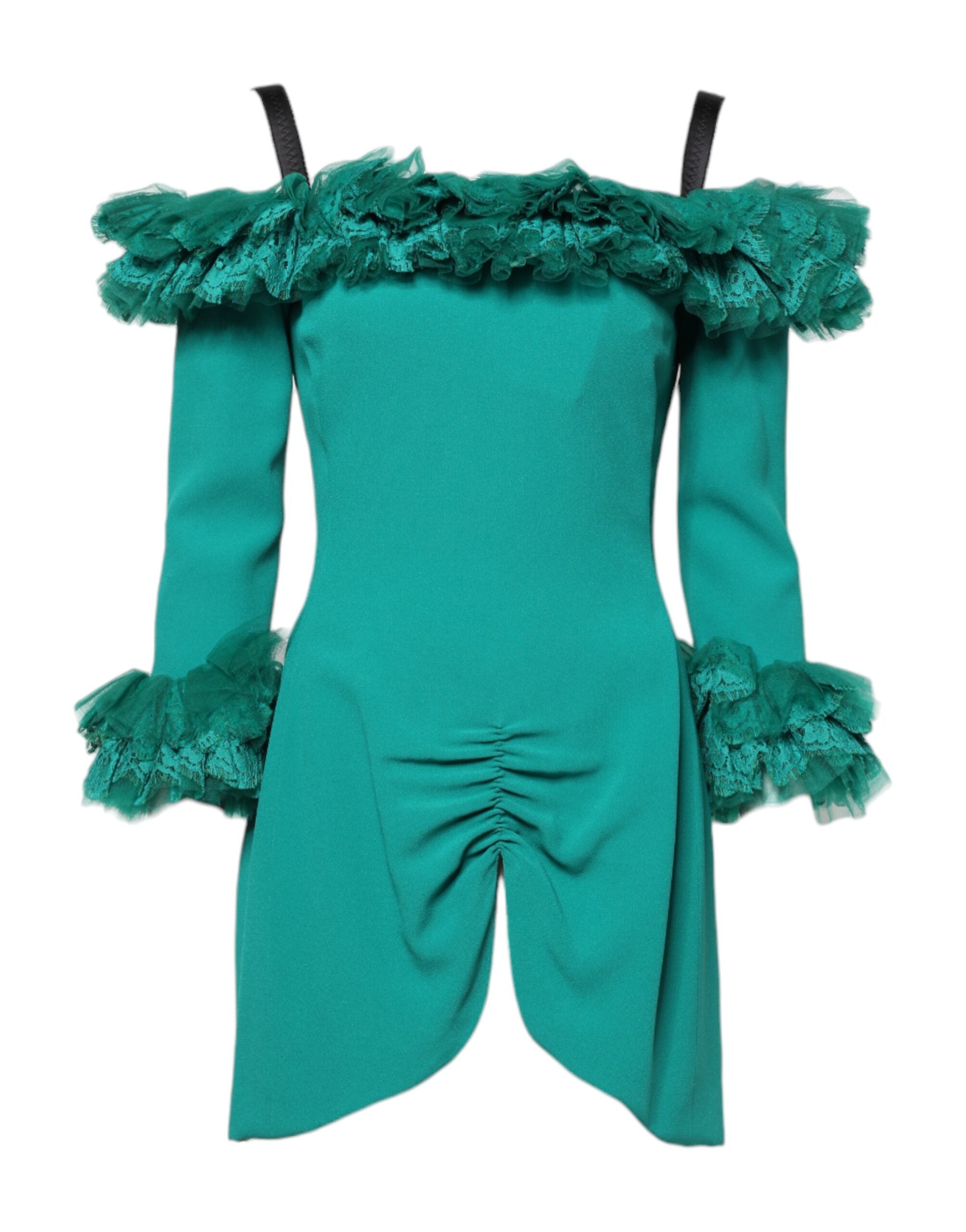 Robe courte en dentelle verte Dolce & Gabbana, robe moulante et décolletée en épaules.