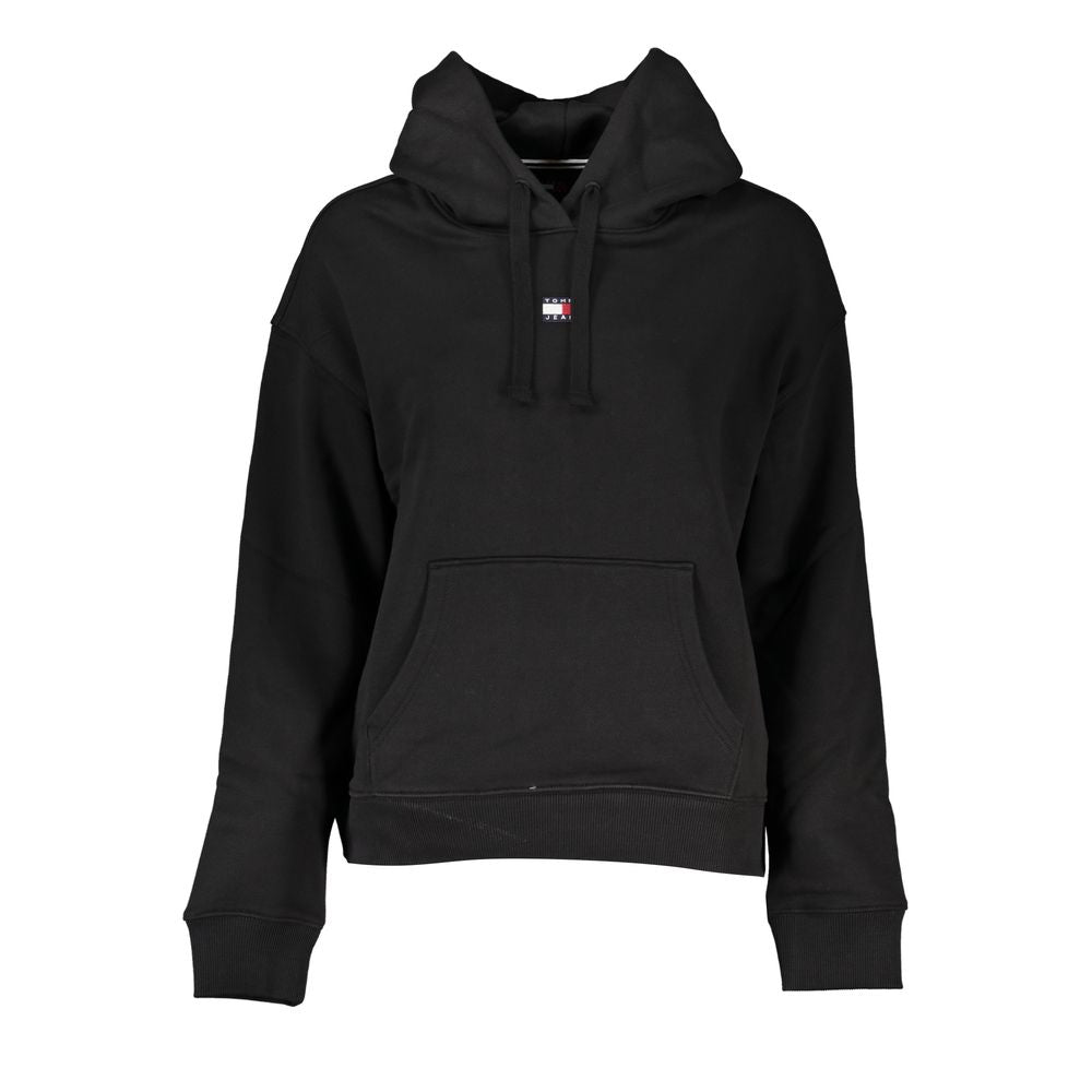 Pull pour femmes Tommy Hilfiger en coton noir, décontracté, avec col rond et manches longues, porté sur un mannequin.