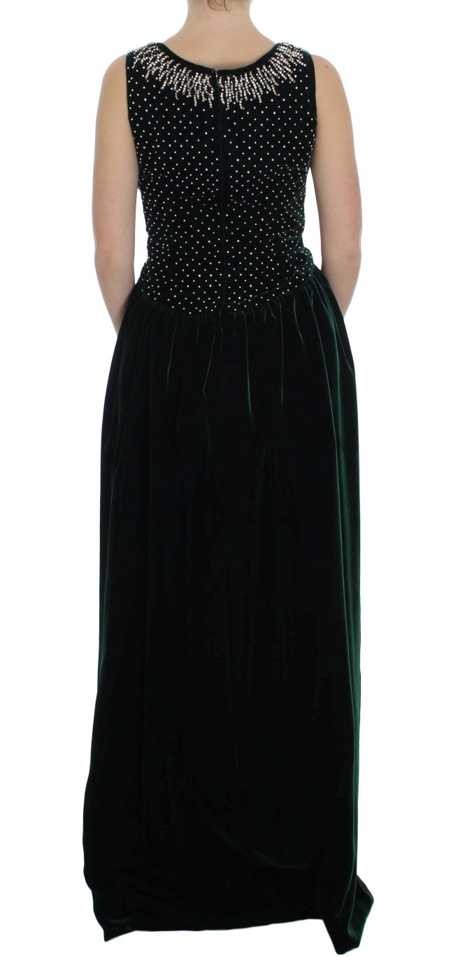 Robe longue en velours vert avec cristaux de Dolce & Gabbana, robe maxi élégante et sophistiquée pour occasions spéciales.