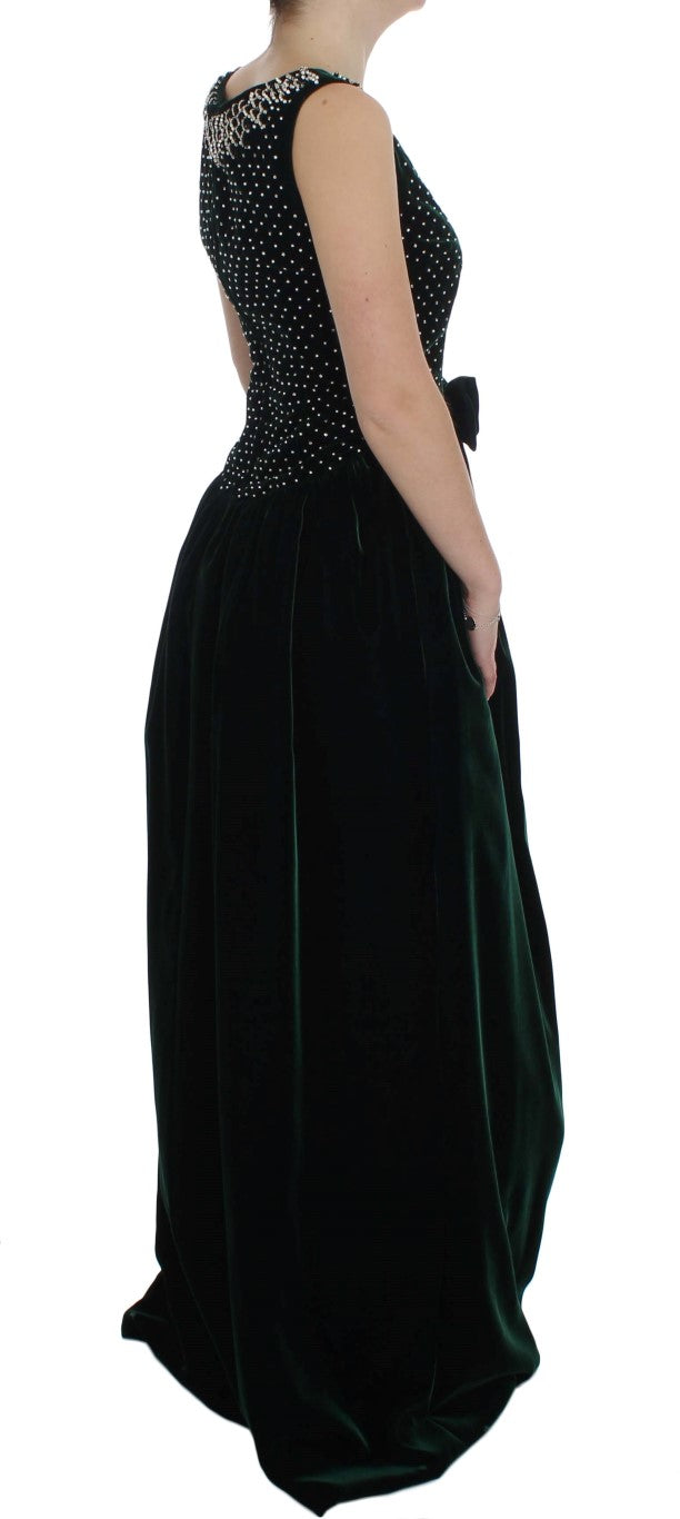 Robe longue en velours vert Dolce & Gabbana ornée de cristaux, élégante robe maxi pour occasion spéciale.