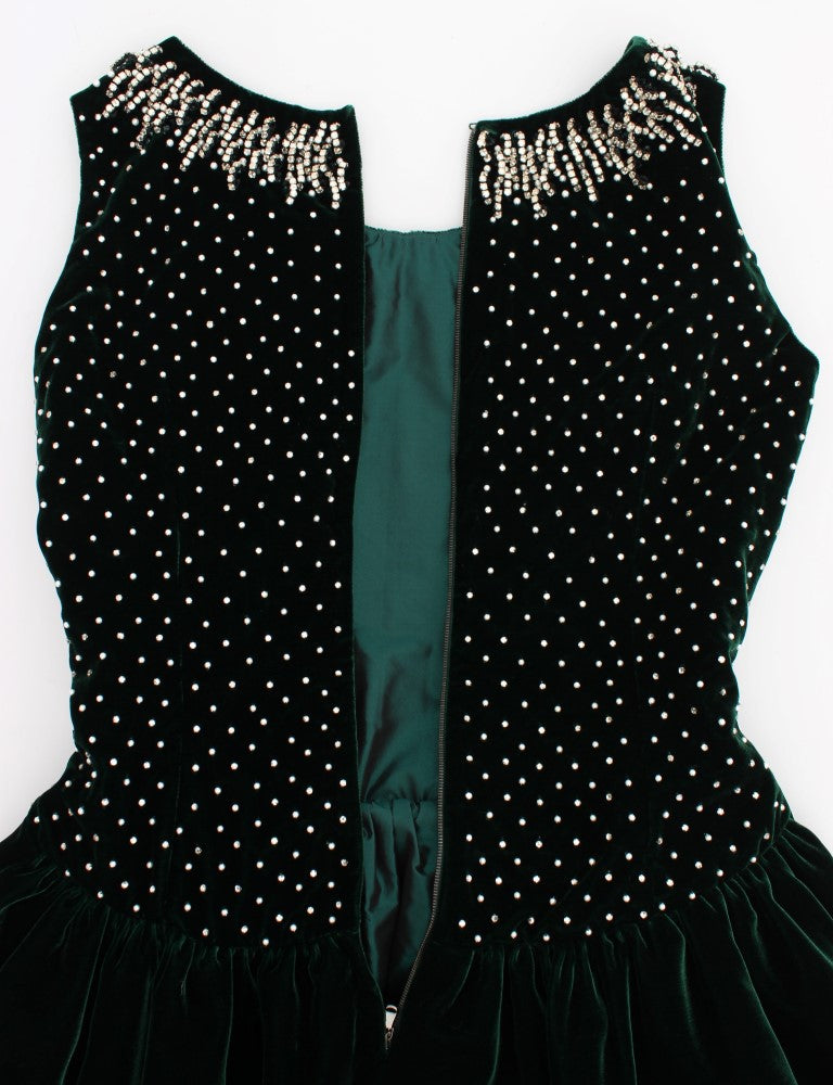 Robe longue en velours vert Dolce & Gabbana ornée de cristaux, élégance sophistiquée pour femme.
