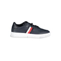 Chaussures sneakers en cuir bleu Tommy Hilfiger pour homme, vue de face, avec détails de la marque sur la languette.