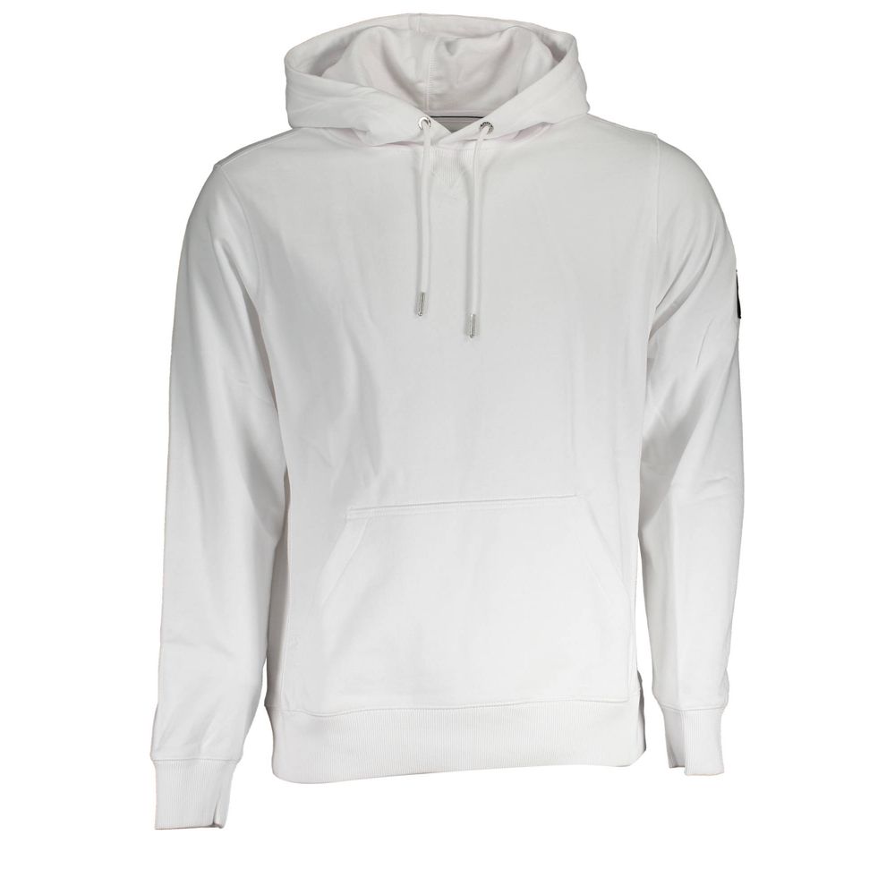 Sweat-shirt blanc en coton pour homme de la marque Calvin Klein, avec logo discret, porté sur un mannequin.