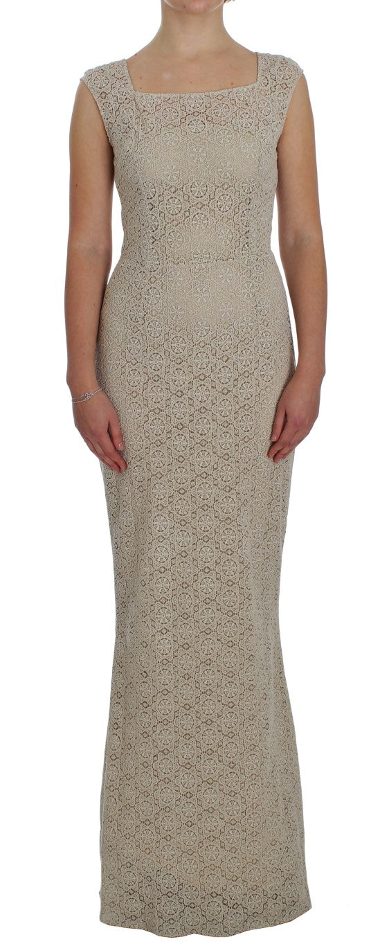 Robe fourreau en coton beige avec broderie et découpes, Dolce & Gabbana, élégante et sophistiquée.