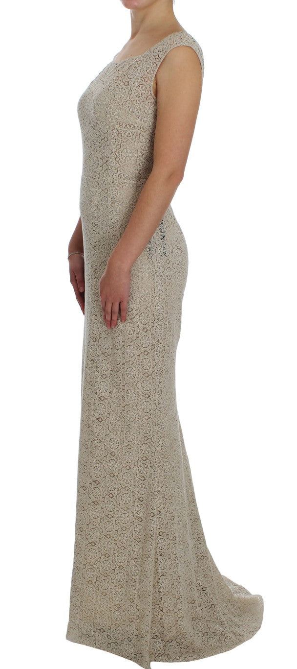 Robe droite en coton beige à broderie et découpes, Dolce & Gabbana, élégante robe de soirée sophistiquée.