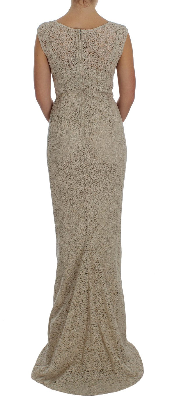 Robe droite en coton beige à broderie et découpes, Dolce & Gabbana, élégante robe fourreau pour femme.