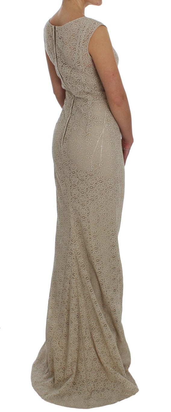Robe beige Dolce & Gabbana en coton avec broderie Ricamo et découpe, coupe ajustée, vue de devant.