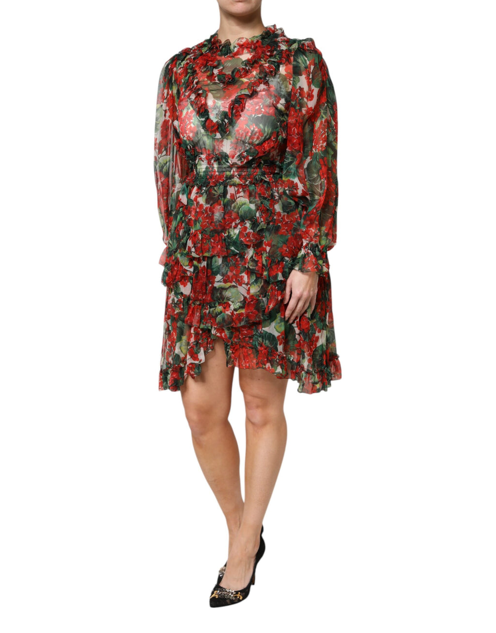 Dolce & Gabbana Mehrfarbiges Rüschen-Blumenkleid mit langen Ärmeln