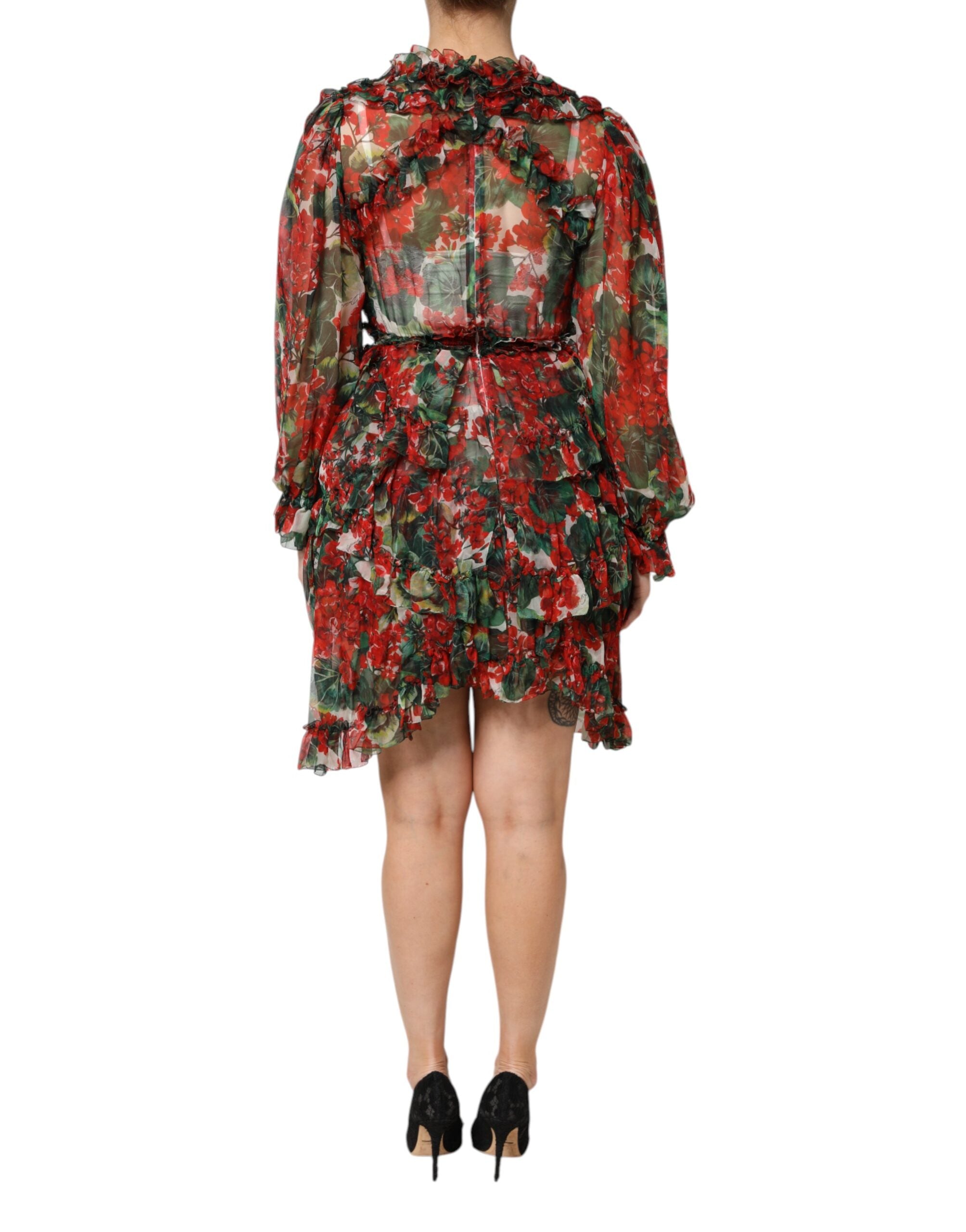 Dolce & Gabbana Mehrfarbiges Rüschen-Blumenkleid mit langen Ärmeln