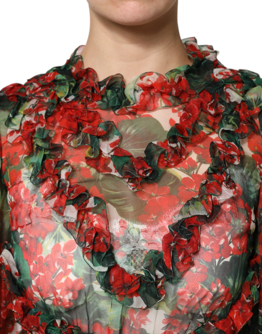 Dolce & Gabbana Mehrfarbiges Rüschen-Blumenkleid mit langen Ärmeln