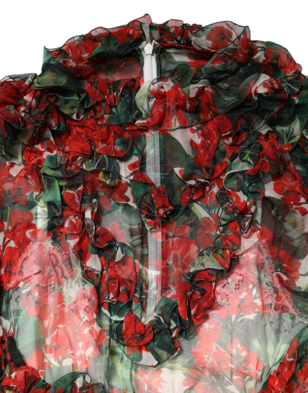Dolce & Gabbana Mehrfarbiges Rüschen-Blumenkleid mit langen Ärmeln