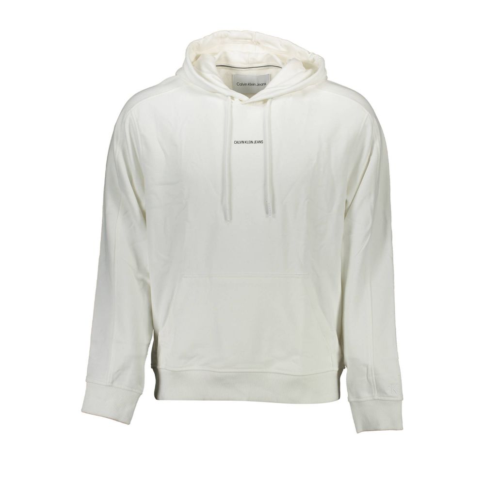 Pull homme Calvin Klein en coton blanc, col rond et manches longues, porté sur un mannequin.