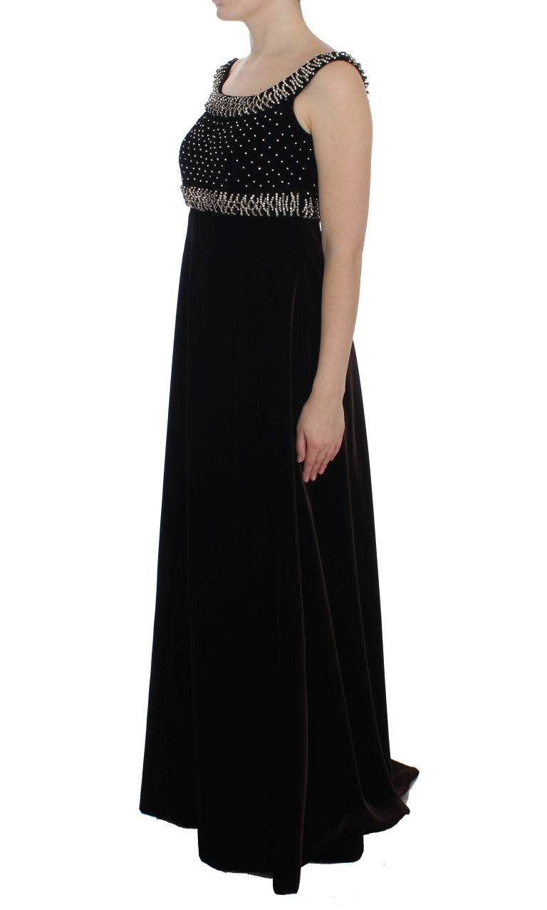 Robe droite en velours marron avec cristaux de Dolce & Gabbana, robe élégante et sophistiquée pour occasion spéciale.